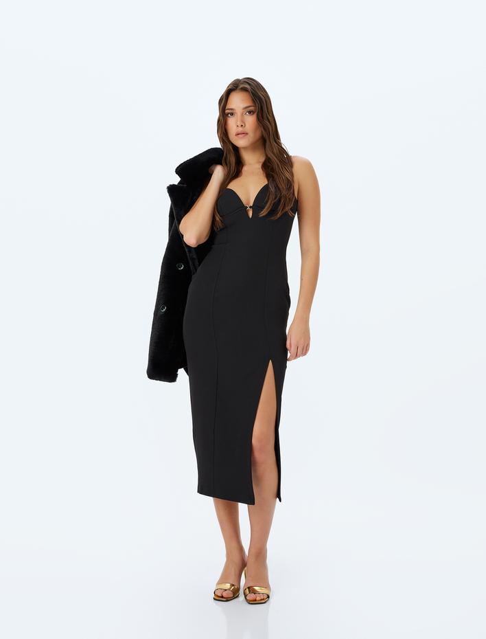  Koton X Zeynep Bastık - Slim Fit Önden Yırtmaç Detaylı Midi Boy Askılı Kalp Yaka Kalem Elbise