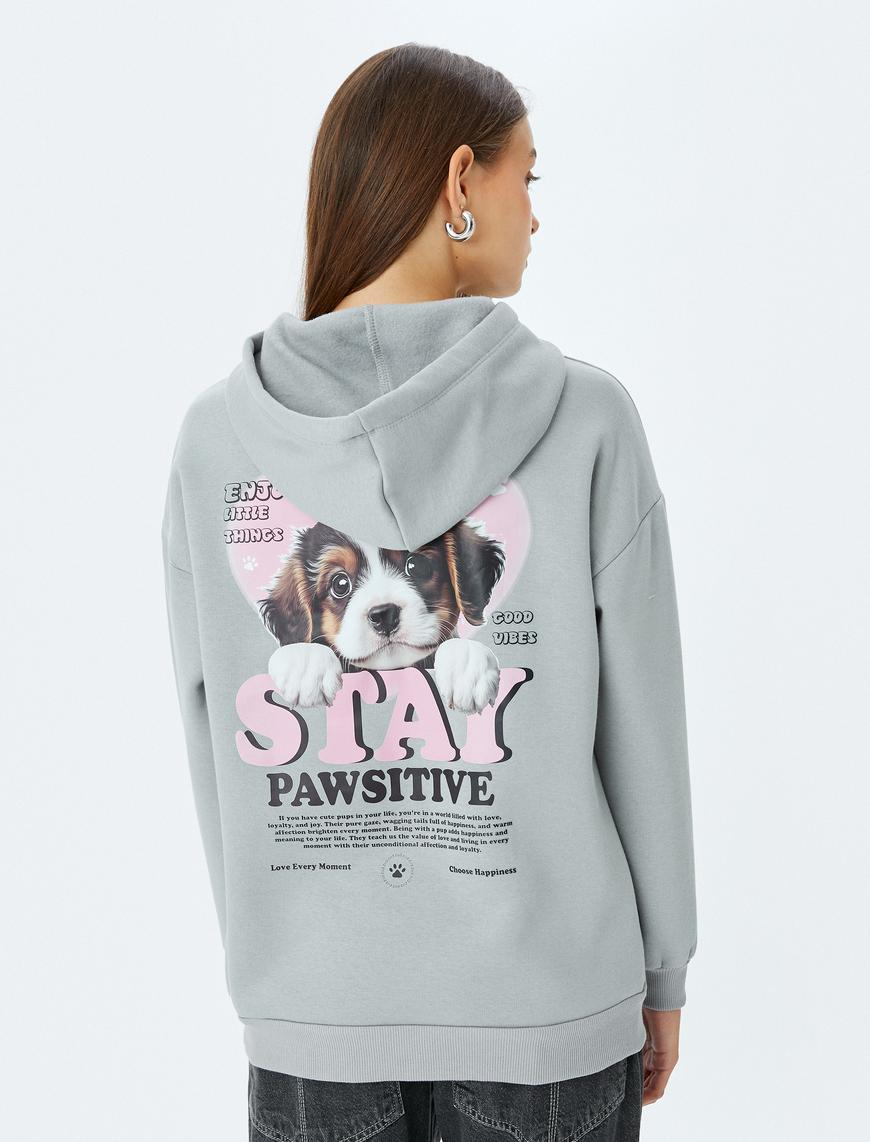   Kapüşonlu Köpek Temalı Arkası Baskılı Oversize Sweatshirt