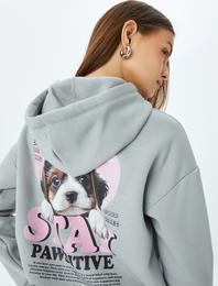 Kapüşonlu Köpek Temalı Arkası Baskılı Oversize Sweatshirt