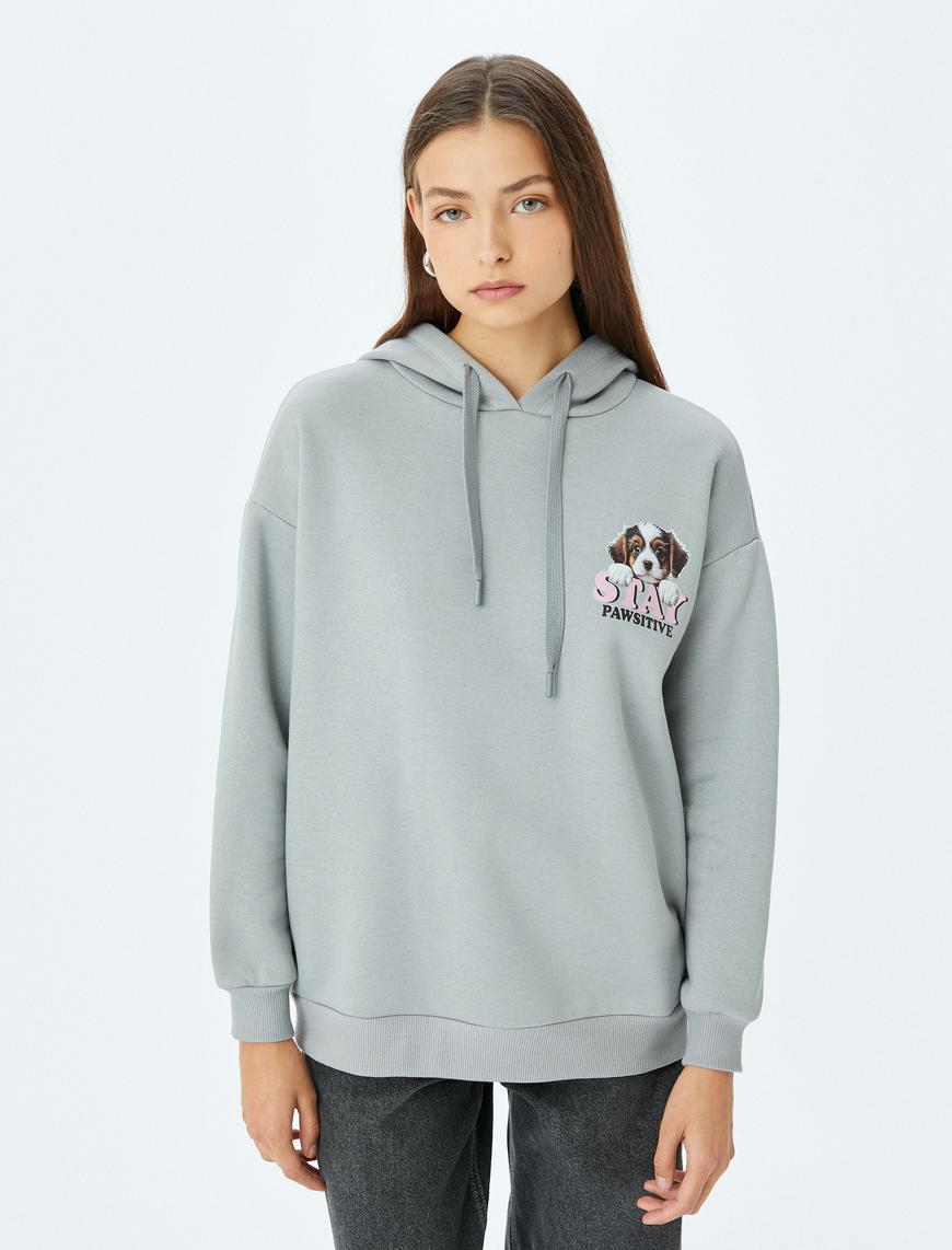   Kapüşonlu Köpek Temalı Arkası Baskılı Oversize Sweatshirt