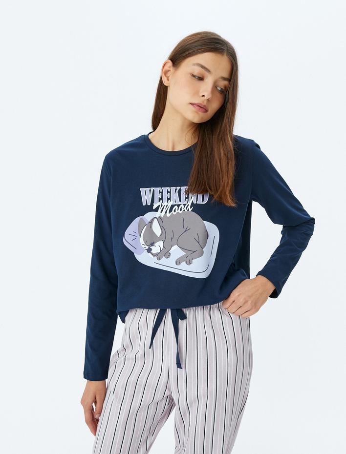  Köpek Grafik Baskılı Pamuklu Çizgili Pijama Takımı