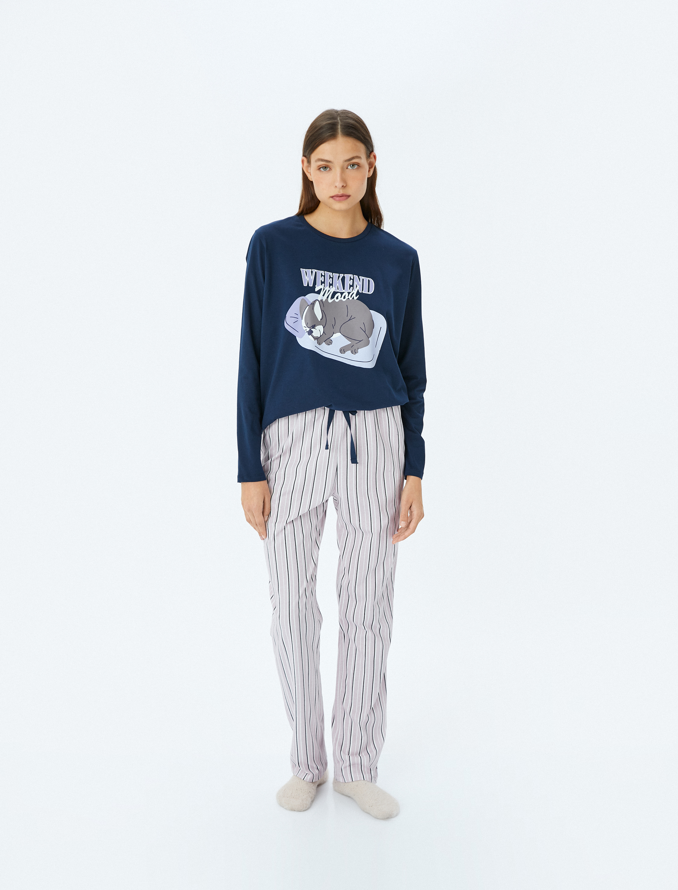 Mor Kadın Köpek Grafik Baskılı Pamuklu Çizgili Pijama Takımı