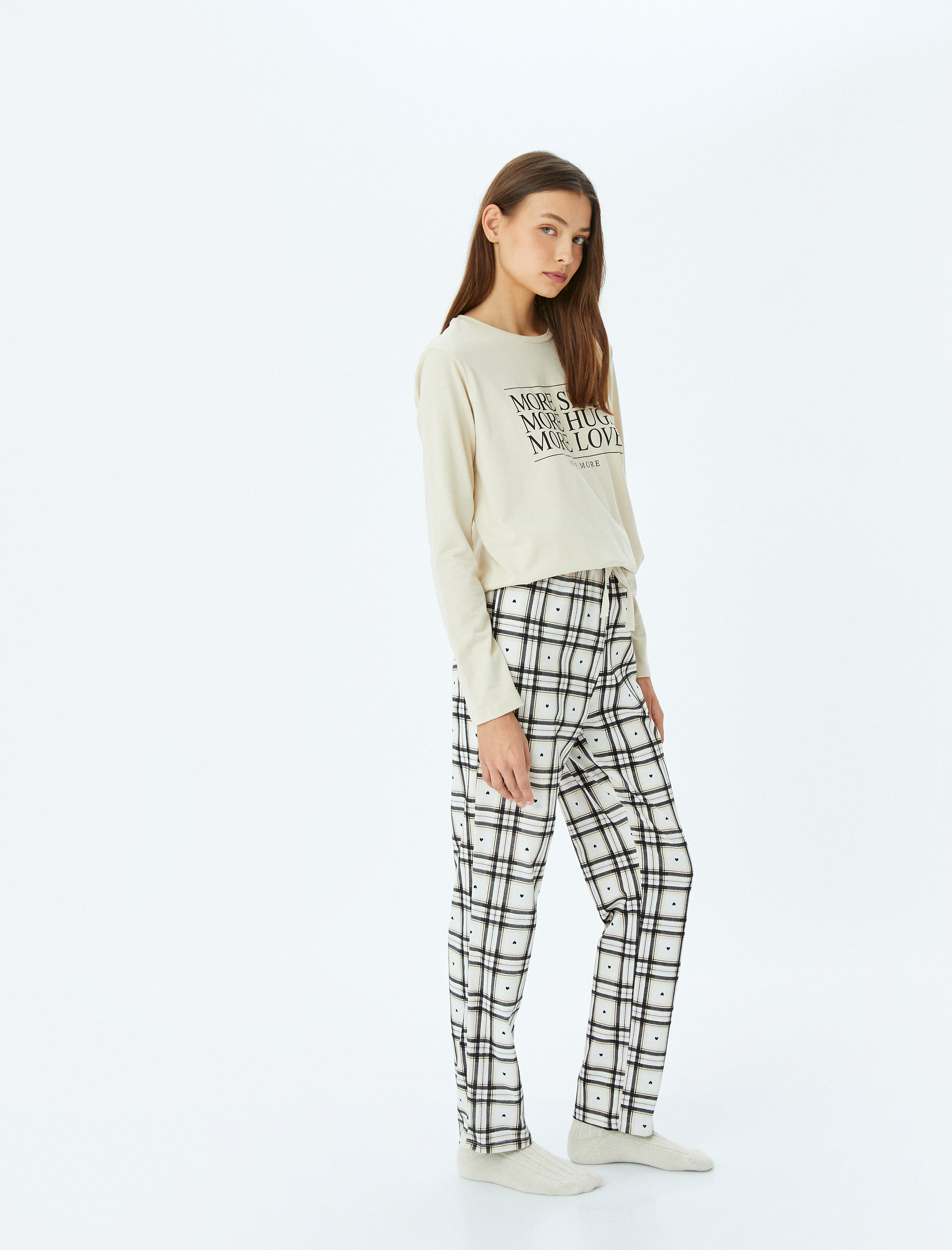 Koton Kadın Pamuklu Uzun Kollu Kareli Pijama Takımı -1
