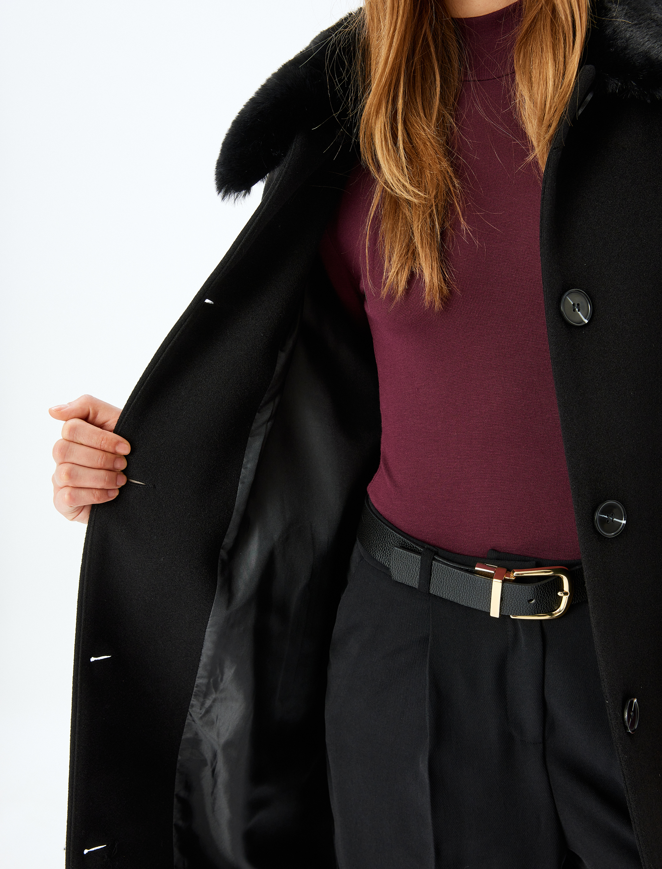   Yakası Çıkarılabilir Suni Kürklü Cepli Uzun Kaşe Kaban