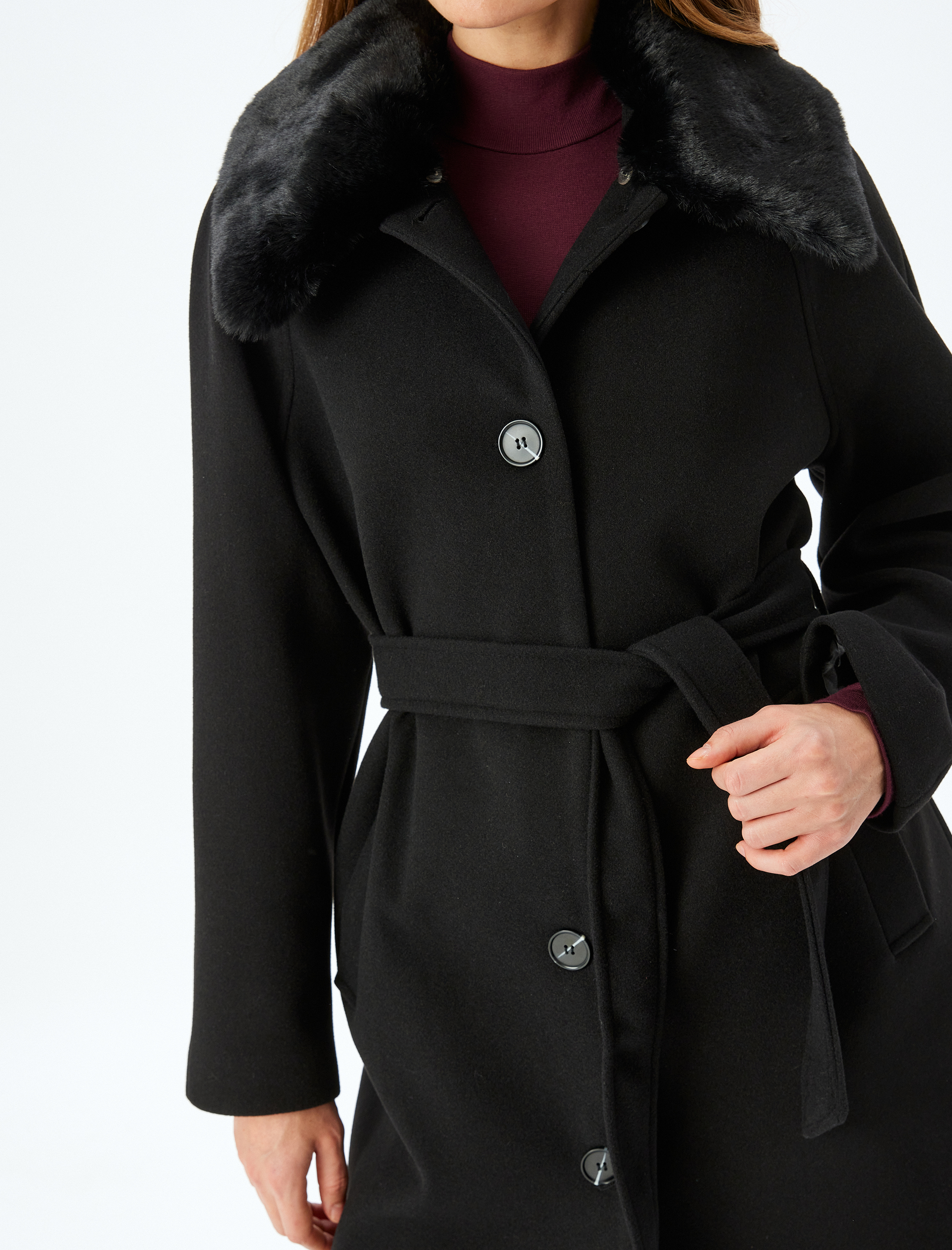   Yakası Çıkarılabilir Suni Kürklü Cepli Uzun Kaşe Kaban