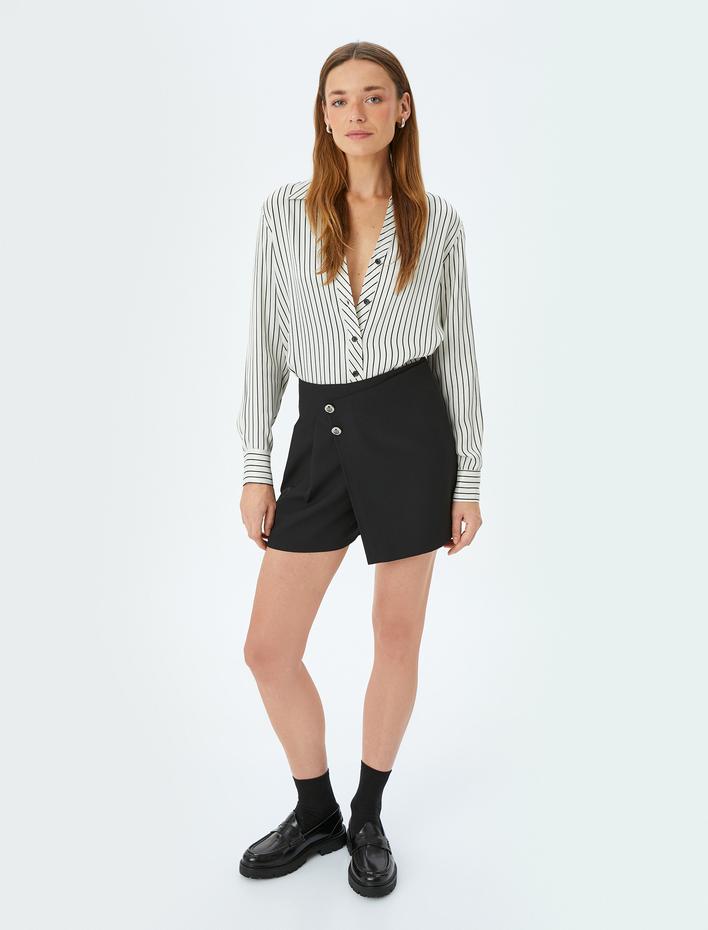  Viskon Kumaş Klasik Yaka Uzun Kollu Çizgili Saten Gömlek