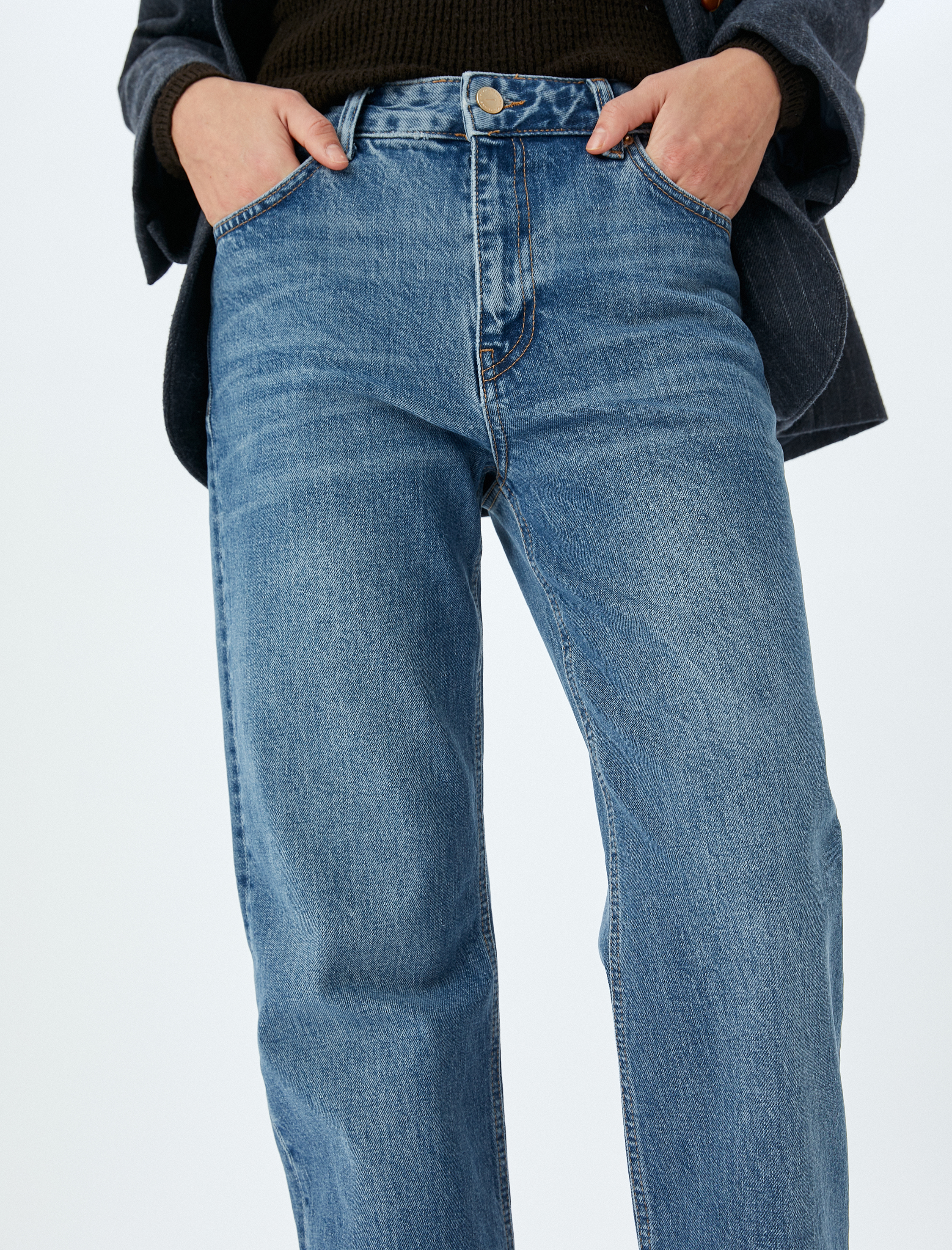   Normal Bel Düz Paça Düğmeli Denim Pantolon - Straight Fit Jean