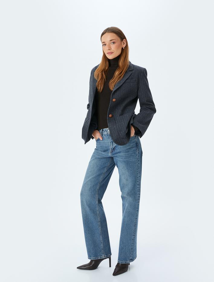  Normal Bel Düz Paça Düğmeli Denim Pantolon - Straight Fit Jean