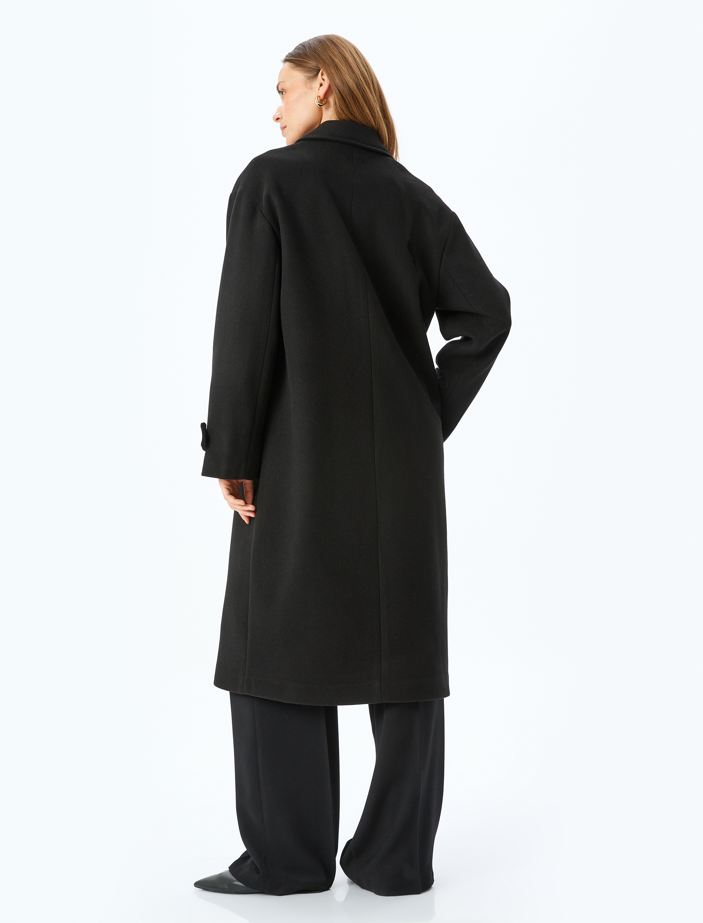   Düğmeli Cepli Kruvaze Uzun Oversize Kaşe Kaban