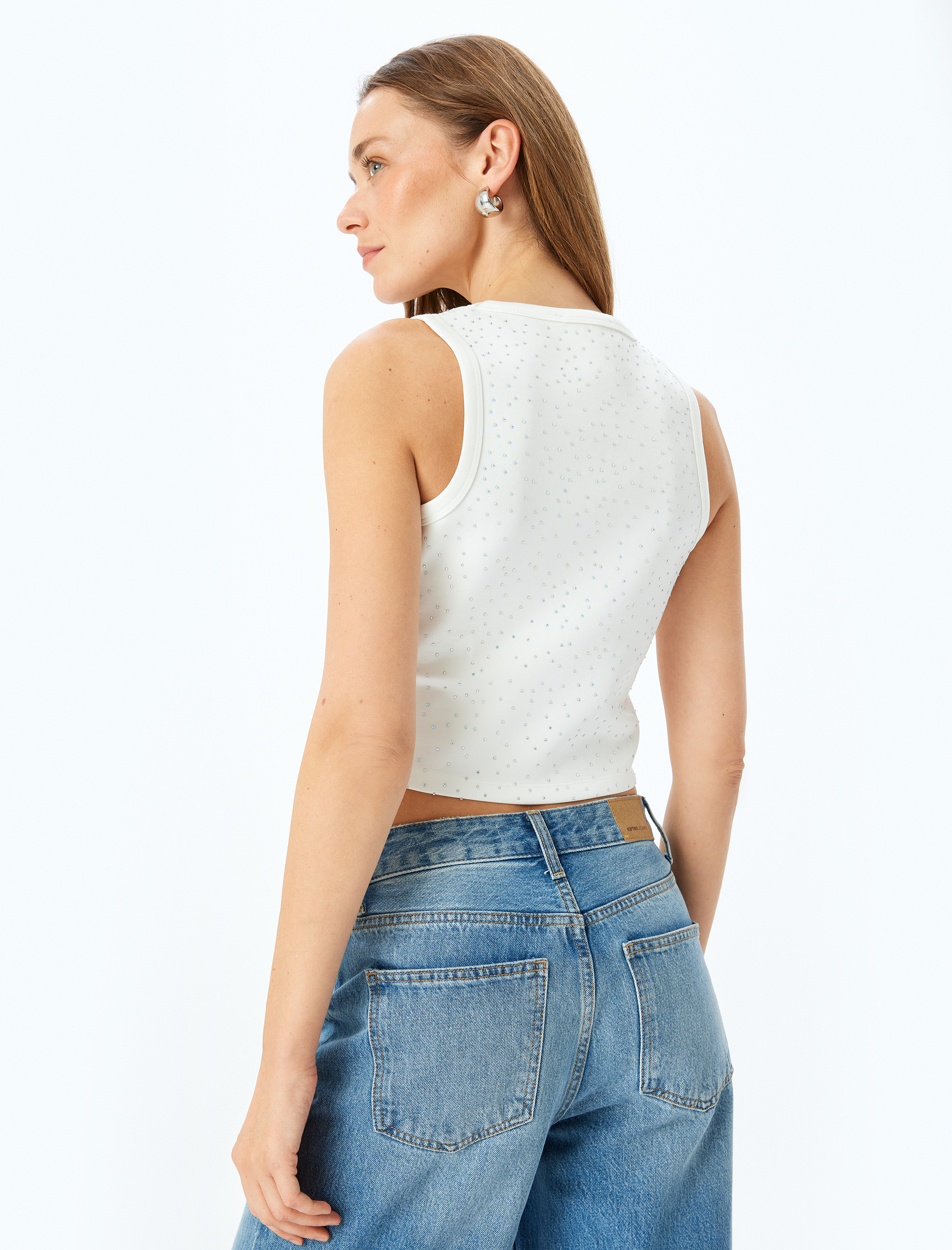   Taşlı Halter Yaka Kolsuz Scuba Crop Bluz