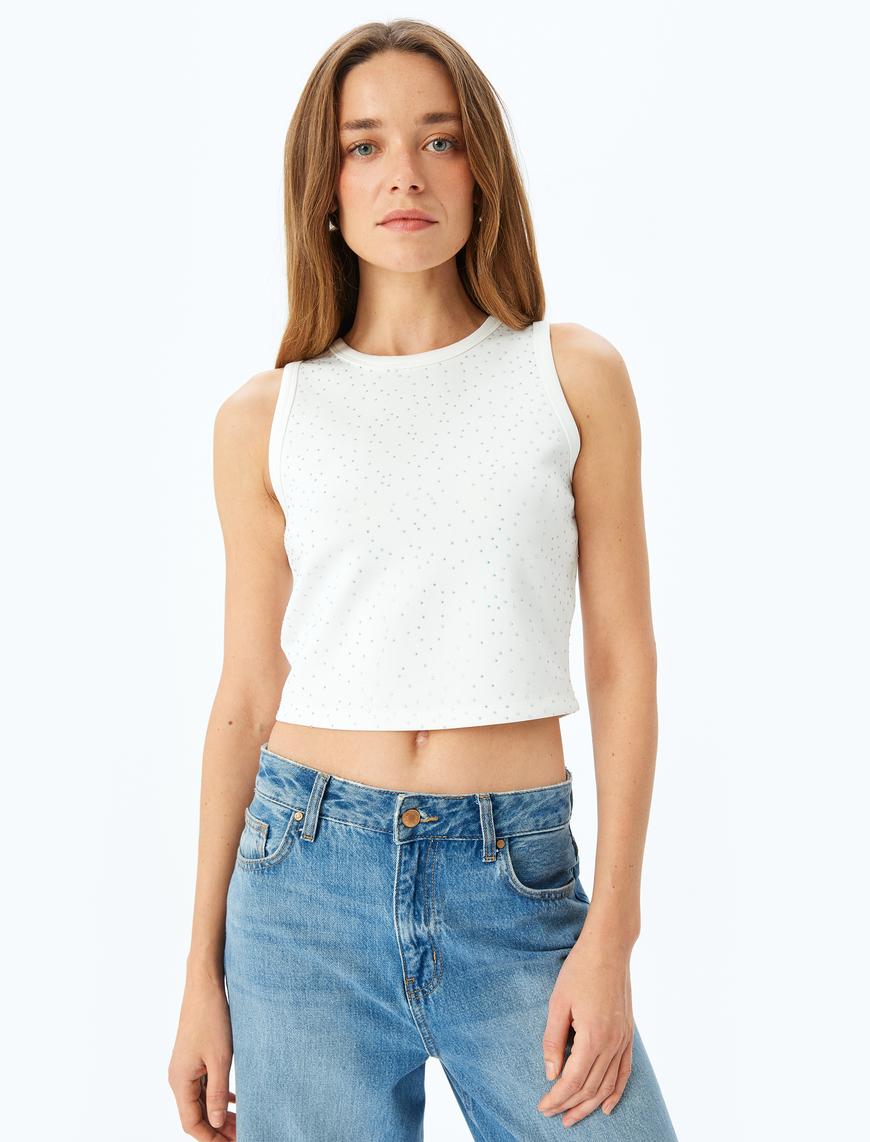   Taş Detaylı Halter Yaka Kolsuz Scuba Kumaş Crop Bluz