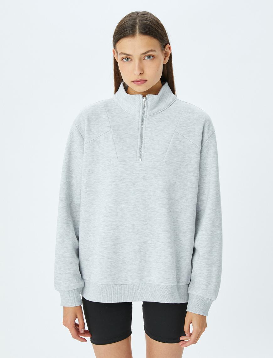   Yarım Fermuarlı Dikiş Detaylı Oversize Spor Sweatshirt