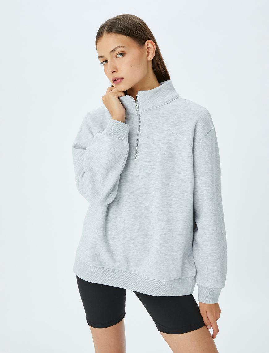   Yarım Fermuarlı Dikiş Detaylı Oversize Spor Sweatshirt