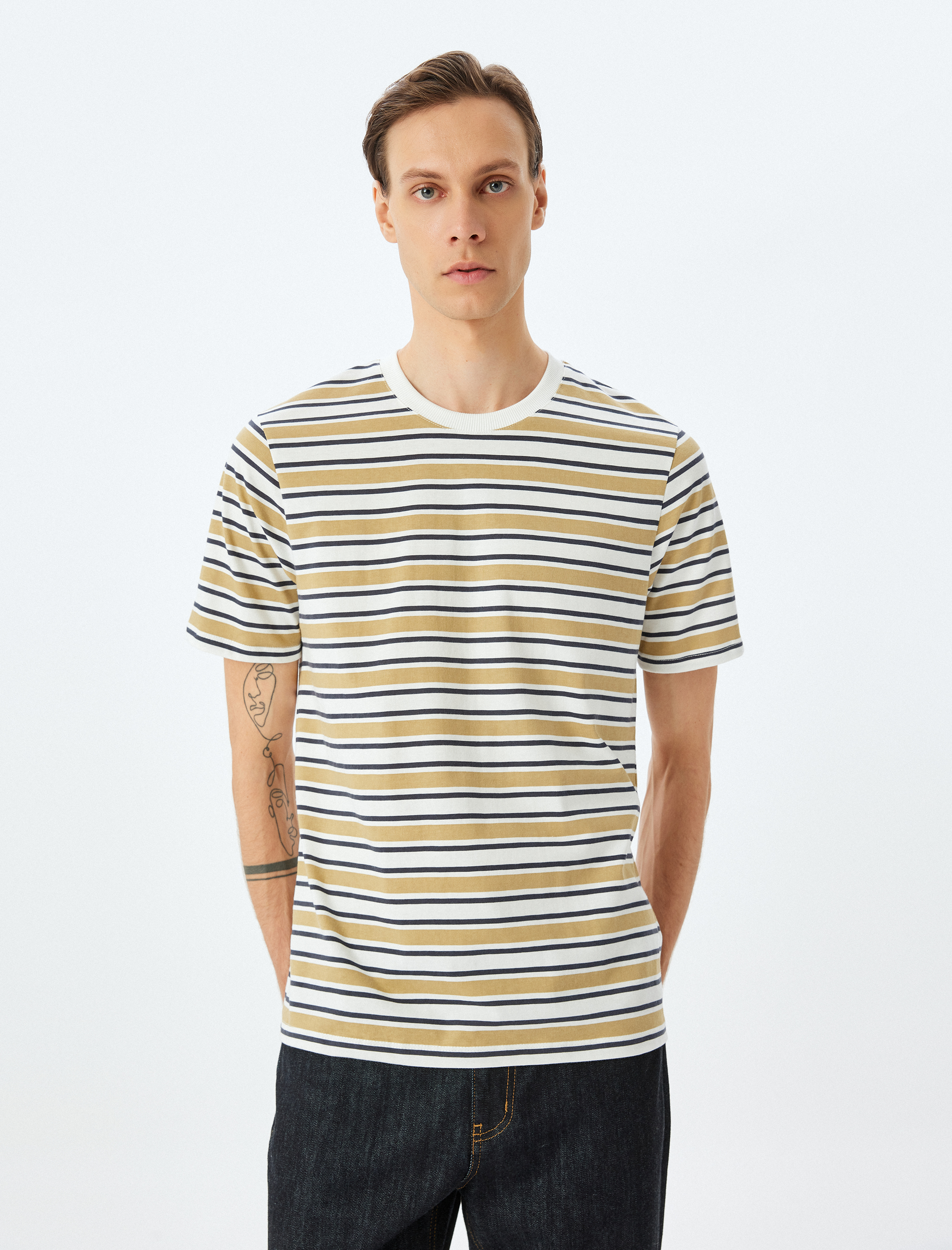   Bisiklet Yaka Regular Fit Kısa Kollu Pamuklu Çizgili Tişört