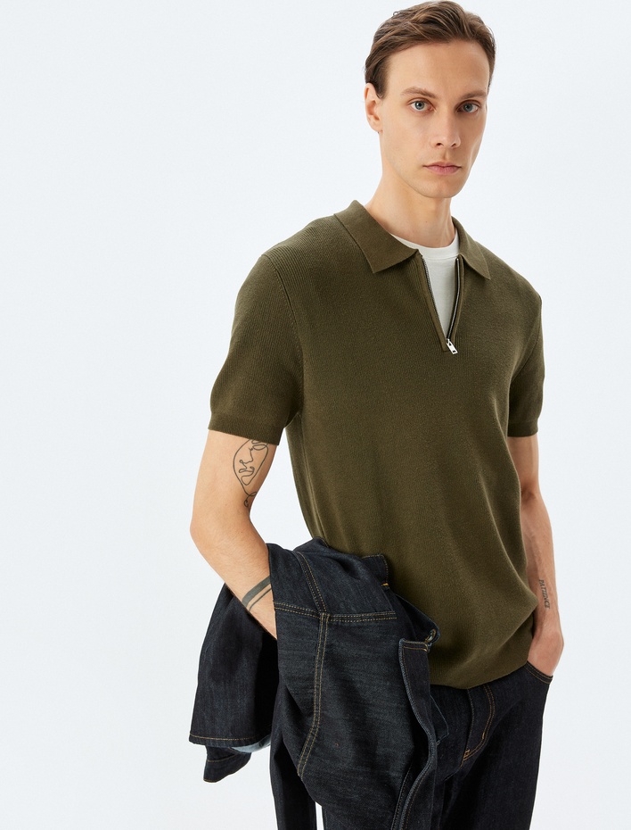  Yarım Fermuarlı Pamuk Karışımlı Kısa Kollu Triko Tişört