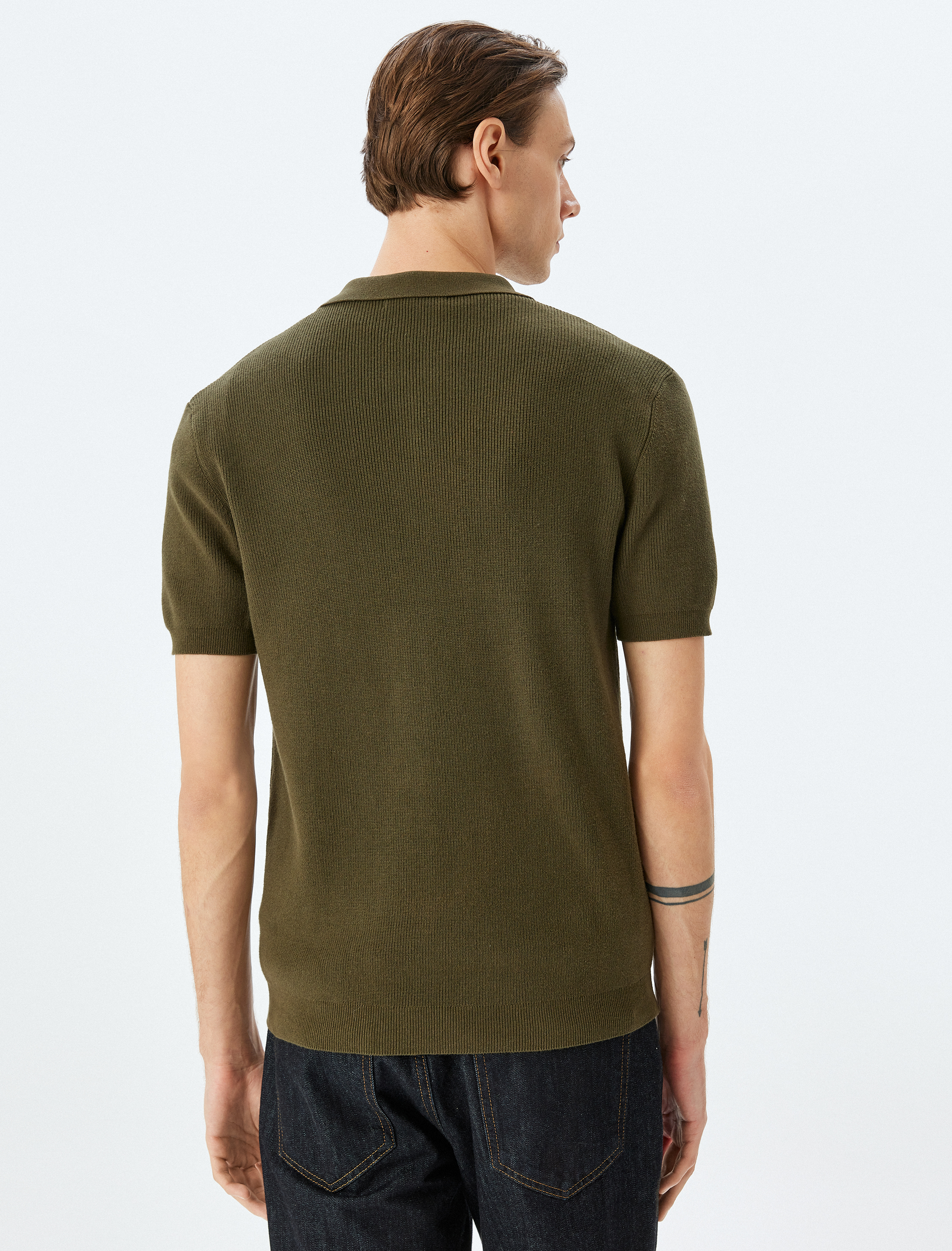   Yarım Fermuarlı Pamuk Karışımlı Kısa Kollu Triko Tişört