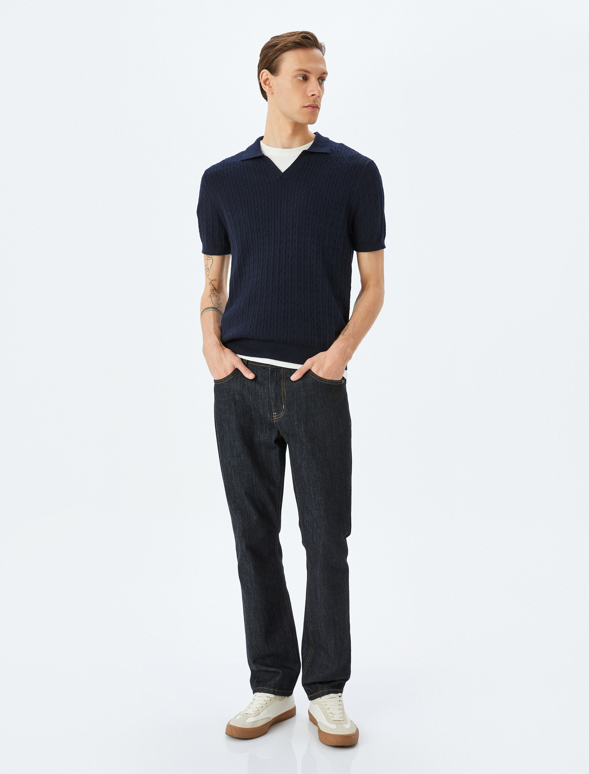   Kısa Kollu Pamuklu Saç Örgü Dokulu Polo Yaka Triko Tişört