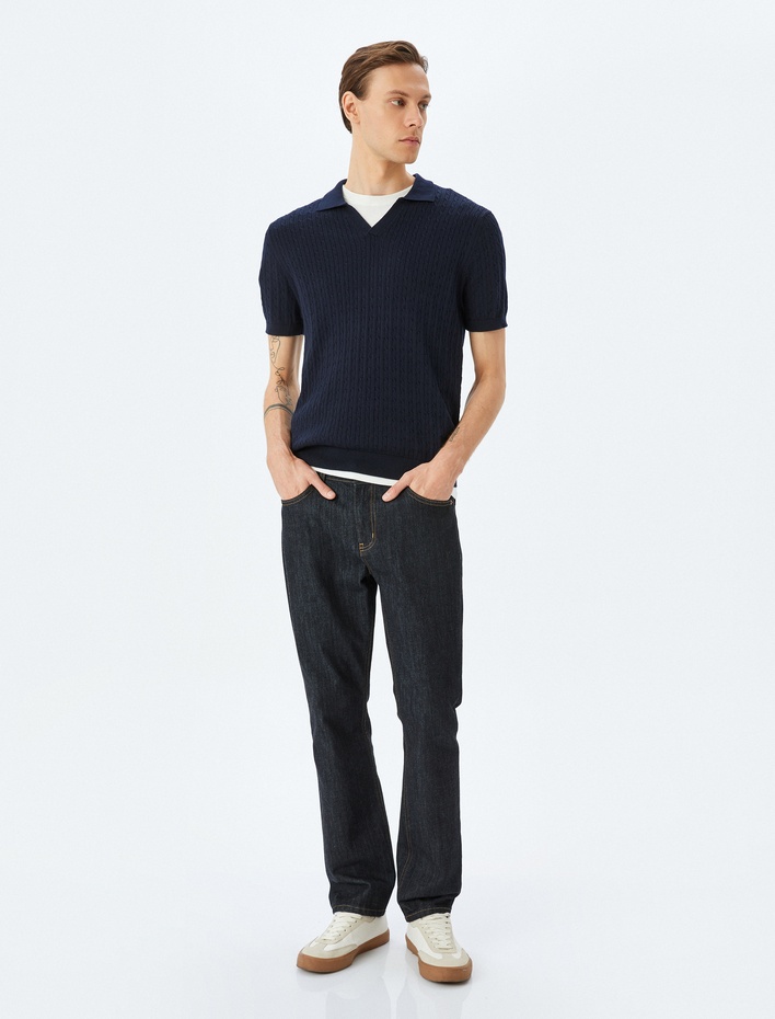  Kısa Kollu Pamuklu Saç Örgü Dokulu Polo Yaka Triko Tişört