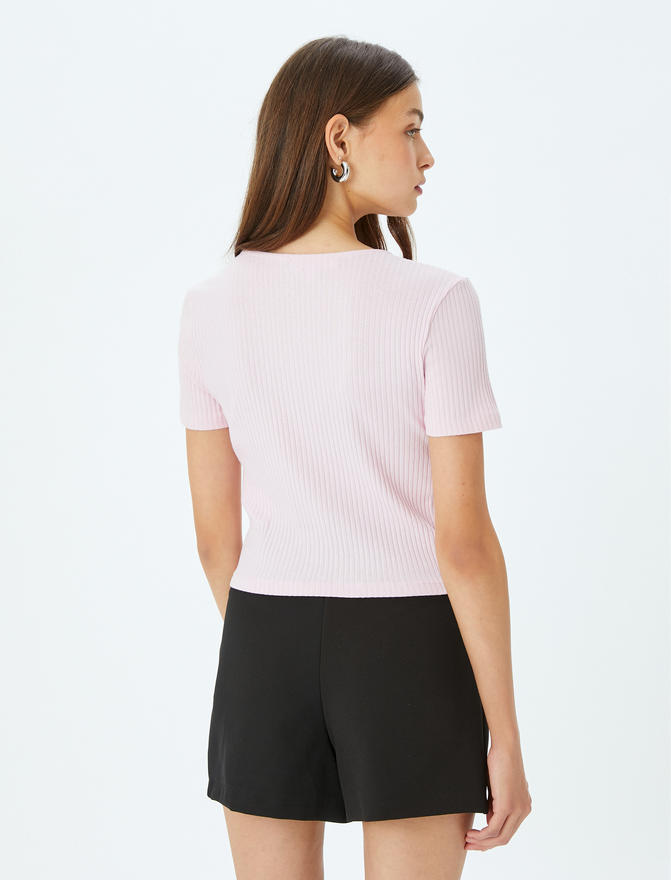   Kısa Kollu Slim Fit Bisiklet Yaka Fitilli Fiyonklu Hırka