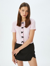 Kısa Kollu Slim Fit Bisiklet Yaka Fitilli Fiyonklu Hırka