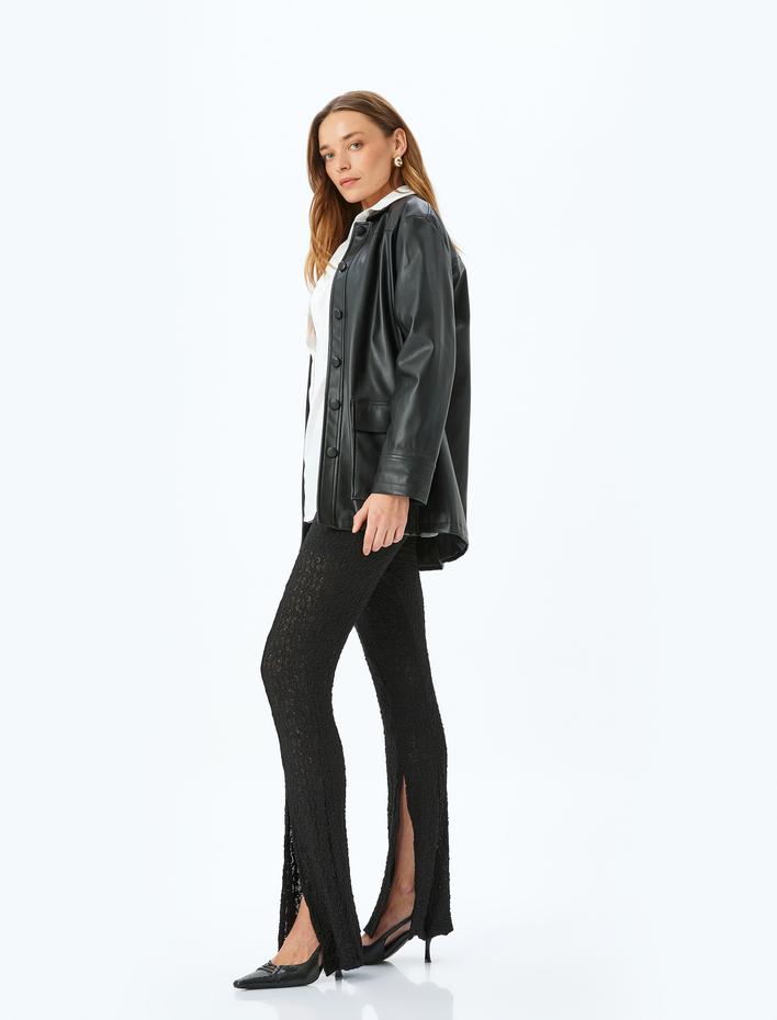  Yırtmaçlı Slim Fit Yarım Astarlı Yarı Transparan İspanyol Paça Dantel Pantolon