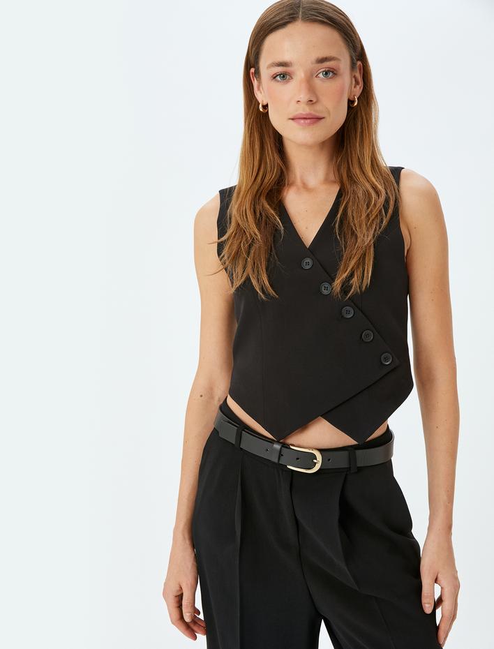  Düğmeli Asimetrik V Yaka Crop Yelek