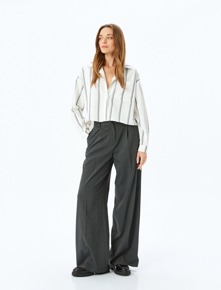  Uzun Kollu Cep Detaylı Çizgili Crop Poplin Gömlek