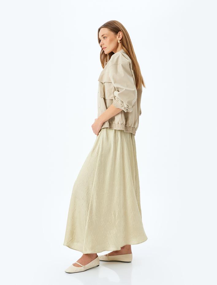  Rahat Kalıp Yüksek Bel Dokulu Uzun Saten Kloş Etek