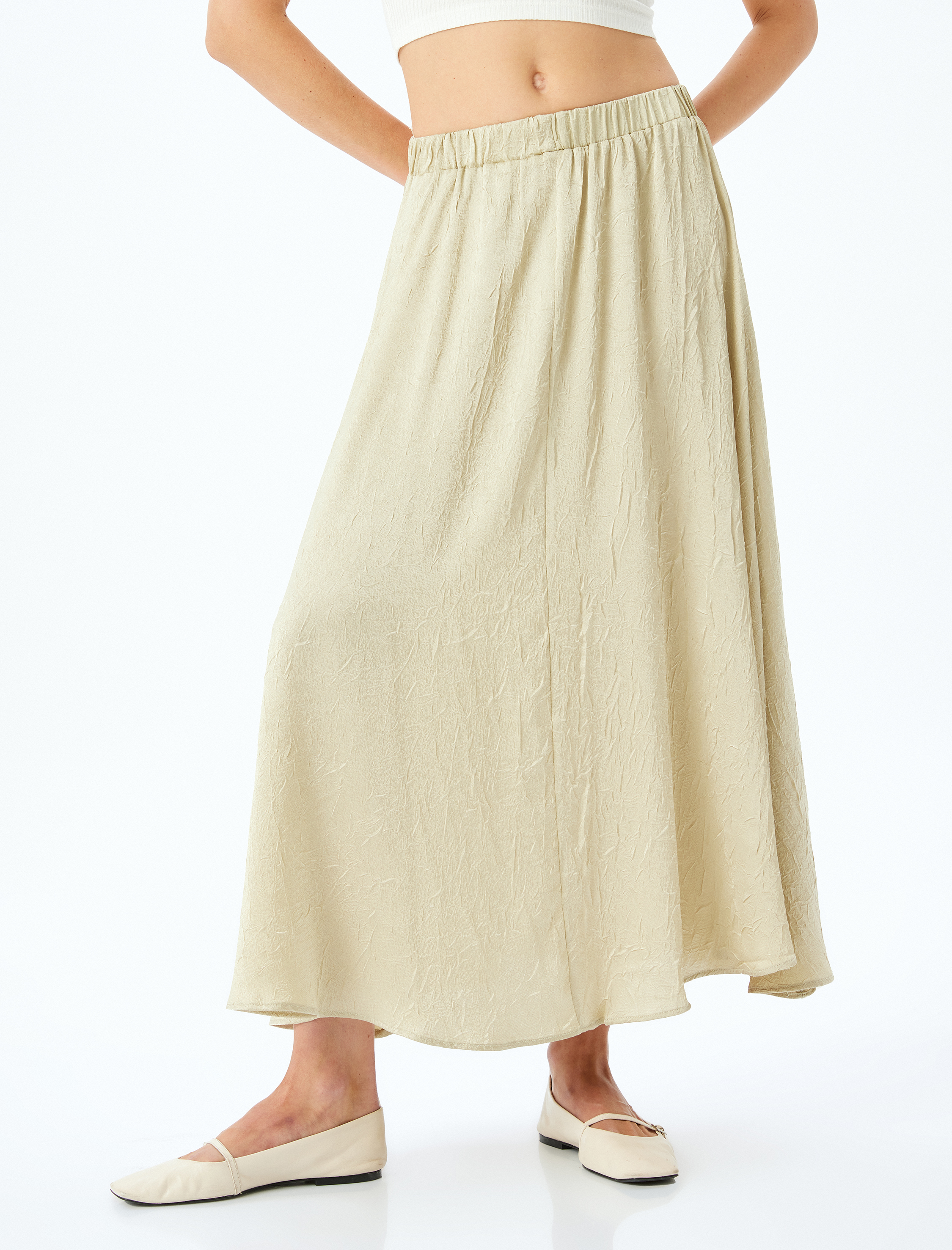   Rahat Kalıp Yüksek Bel Dokulu Uzun Saten Kloş Etek