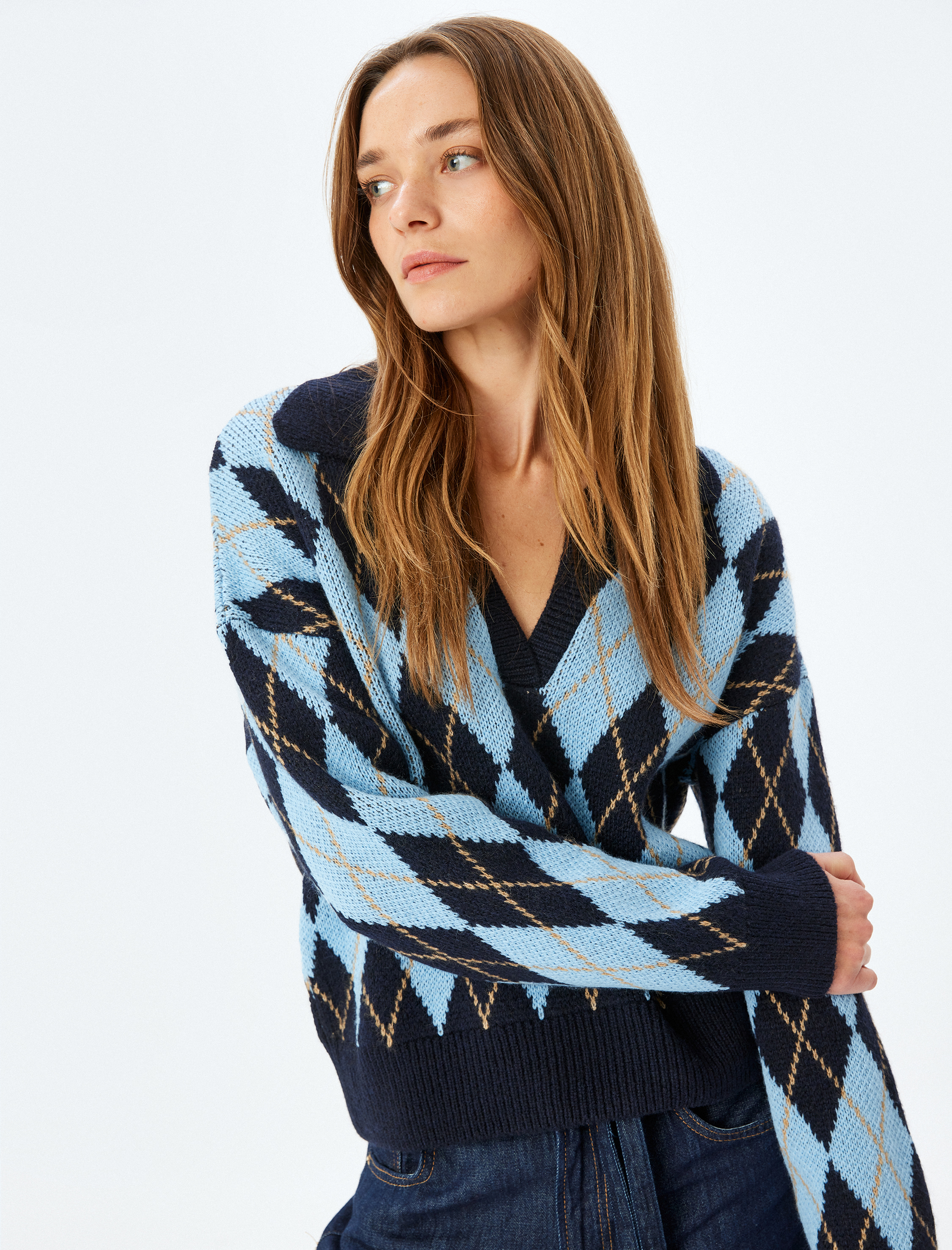   Yumuşak Dokulu Baklava Desenli Triko Polo Yaka Kazak