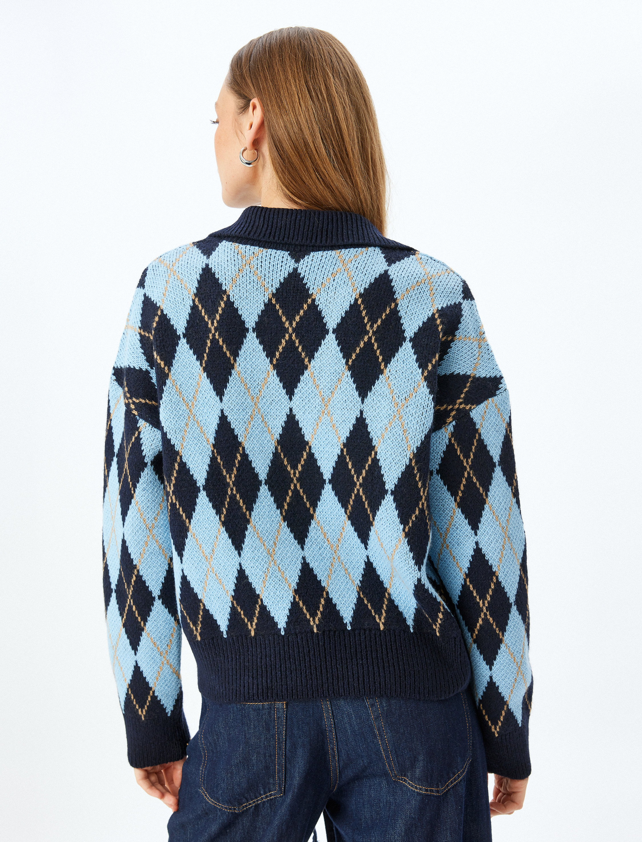   Yumuşak Dokulu Baklava Desenli Triko Polo Yaka Kazak