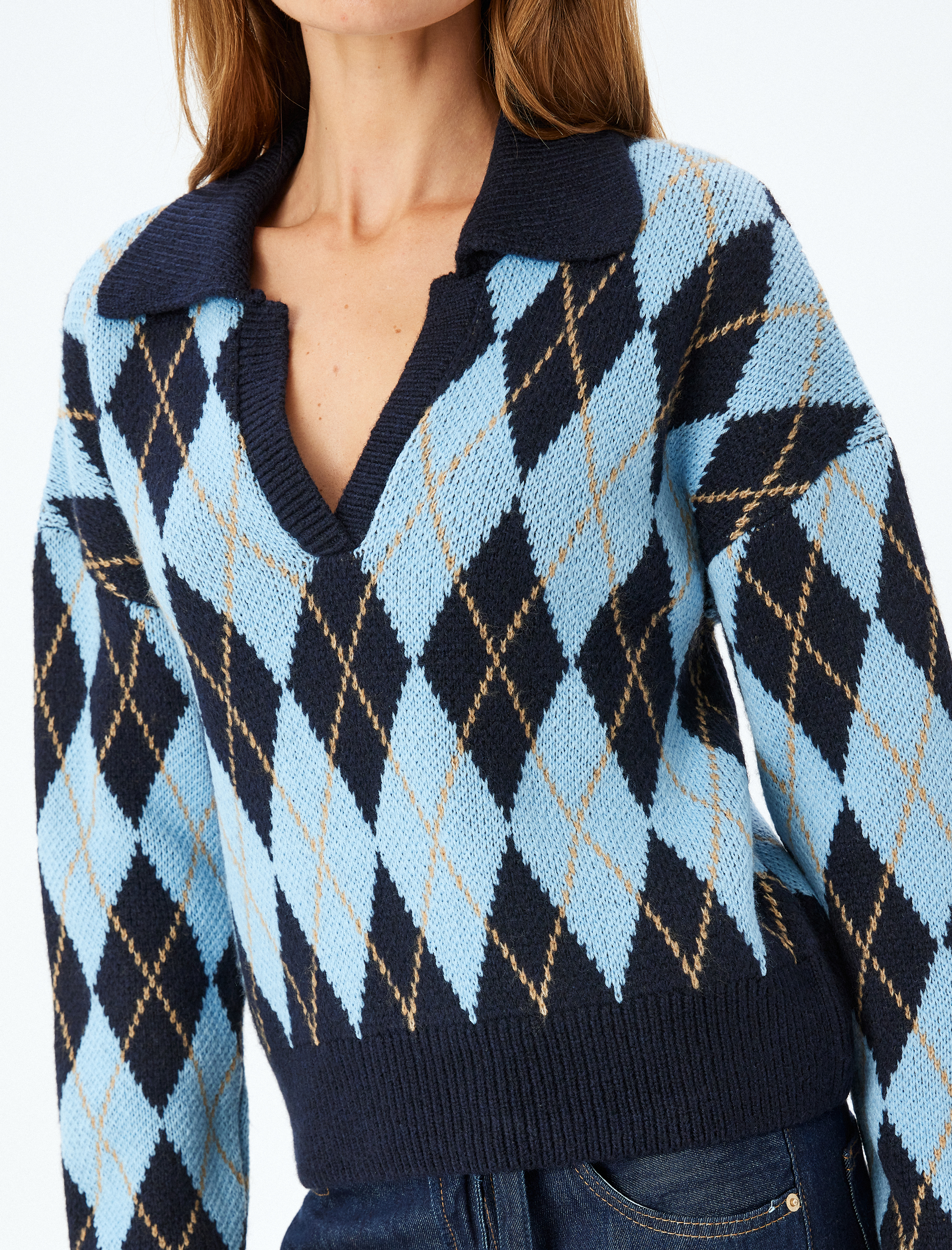   Yumuşak Dokulu Baklava Desenli Triko Polo Yaka Kazak