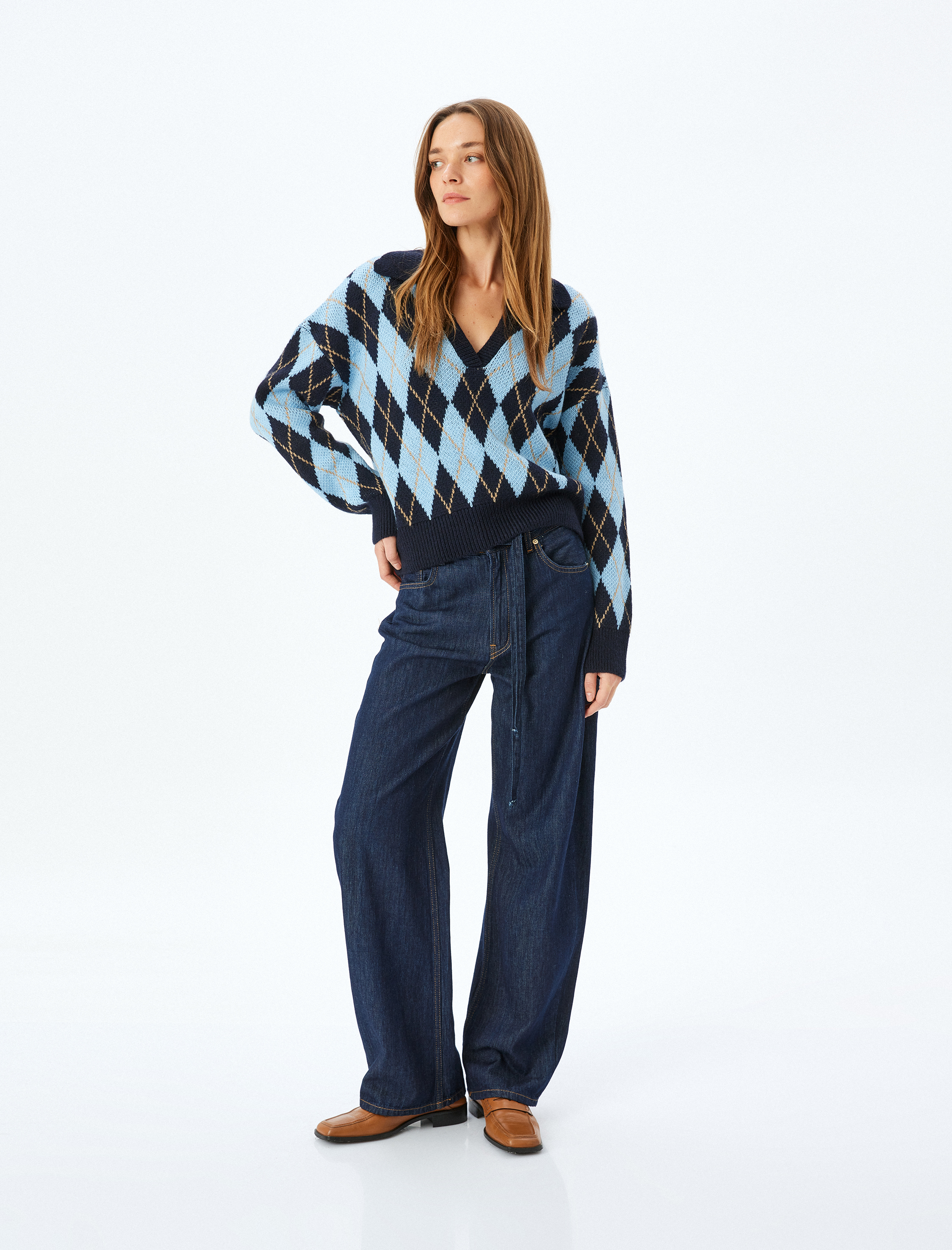   Yumuşak Dokulu Baklava Desenli Triko Polo Yaka Kazak