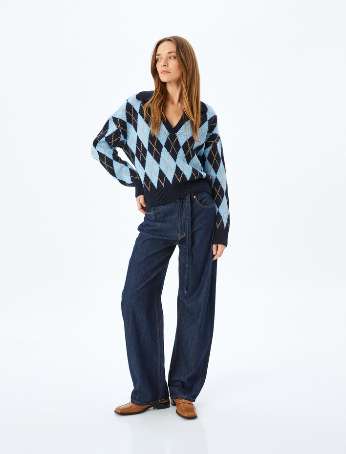  Yumuşak Dokulu Baklava Desenli Triko Polo Yaka Kazak