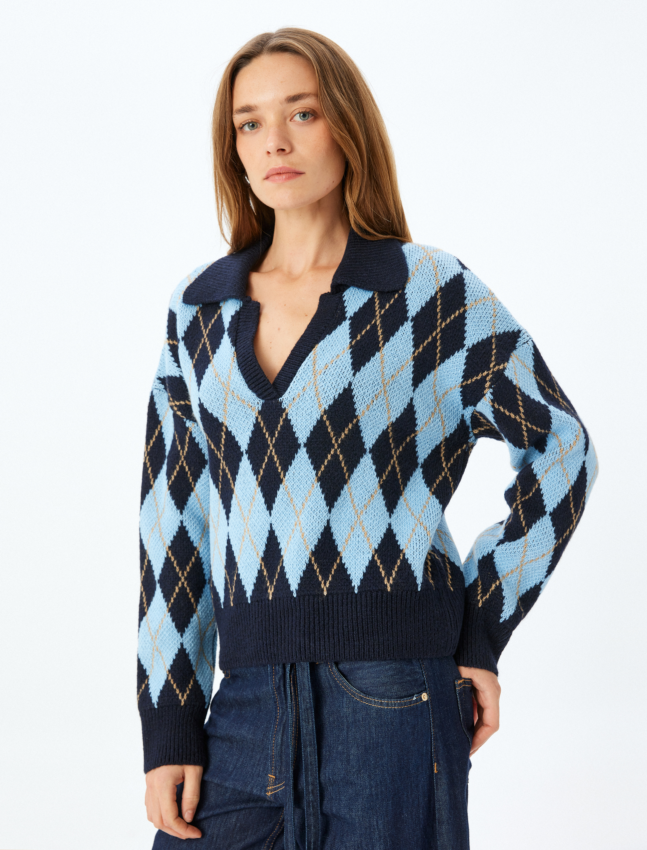   Yumuşak Dokulu Baklava Desenli Triko Polo Yaka Kazak