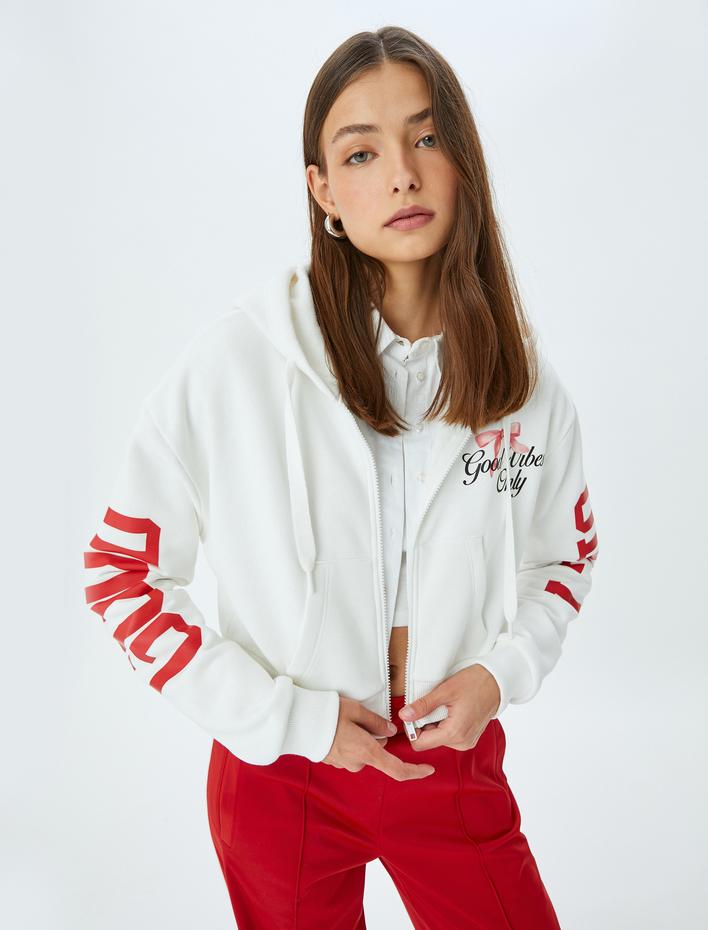  Arkası Baskılı Kapüşonlu Fermuarlı Cepli Sweatshirt