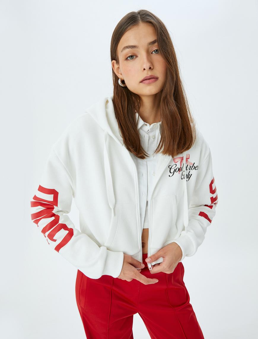   Arkası Baskılı Kapüşonlu Fermuarlı Cepli Sweatshirt