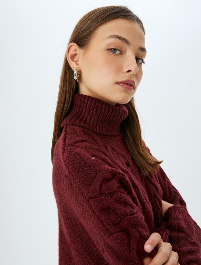  Balıkçı Yaka Yıpratılmış Saç Örgü Triko Kazak