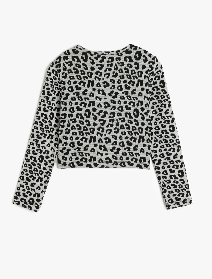 Kız Çocuk Leopar Desenli Bluz Uzun Kollu Bisiklet Yaka Pencere Detaylı