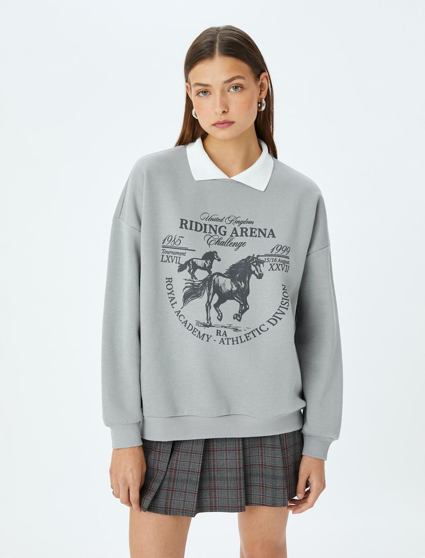   Polo Yaka Slogan Baskılı Şardonlu Oversize Sweatshirt