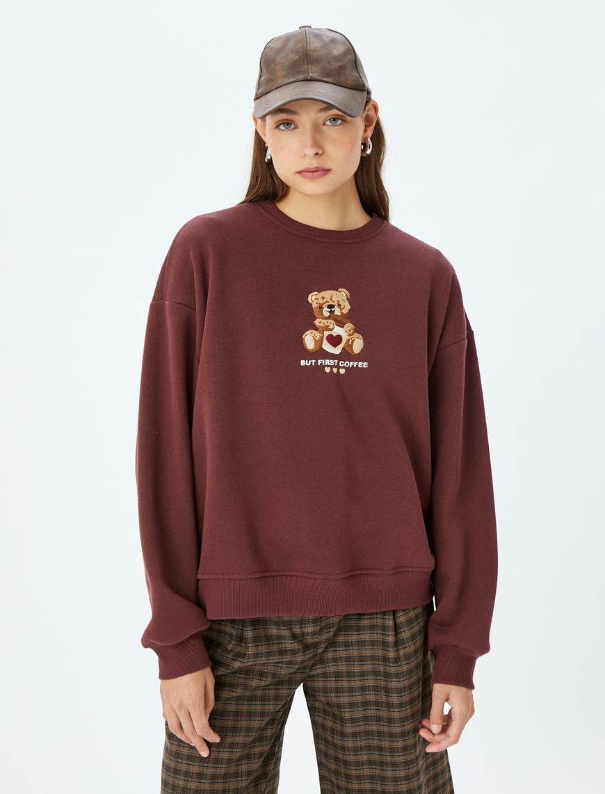   Ayı İşlemeli Sloganlı Bisiklet Yaka Şardonlu Oversize Sweatshirt