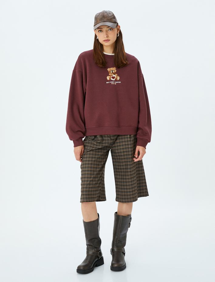  Ayı İşlemeli Sloganlı Bisiklet Yaka Şardonlu Oversize Sweatshirt