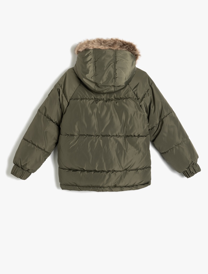 Erkek Çocuk Şişme Mont Kapşonlu Suni Kürk Detaylı Rüzgar Kapaklı