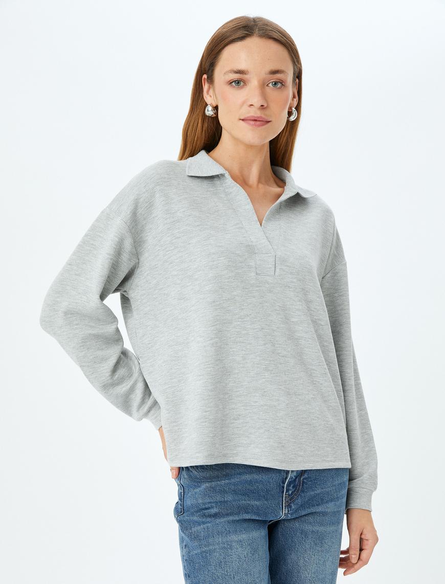   Modal Kumaş Uzun Kollu Polo Yaka Sweatshirt