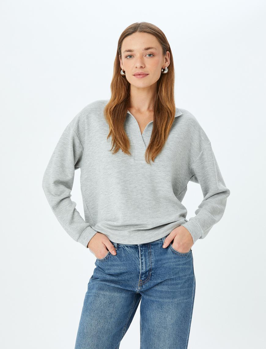   Modal Kumaş Uzun Kollu Polo Yaka Sweatshirt