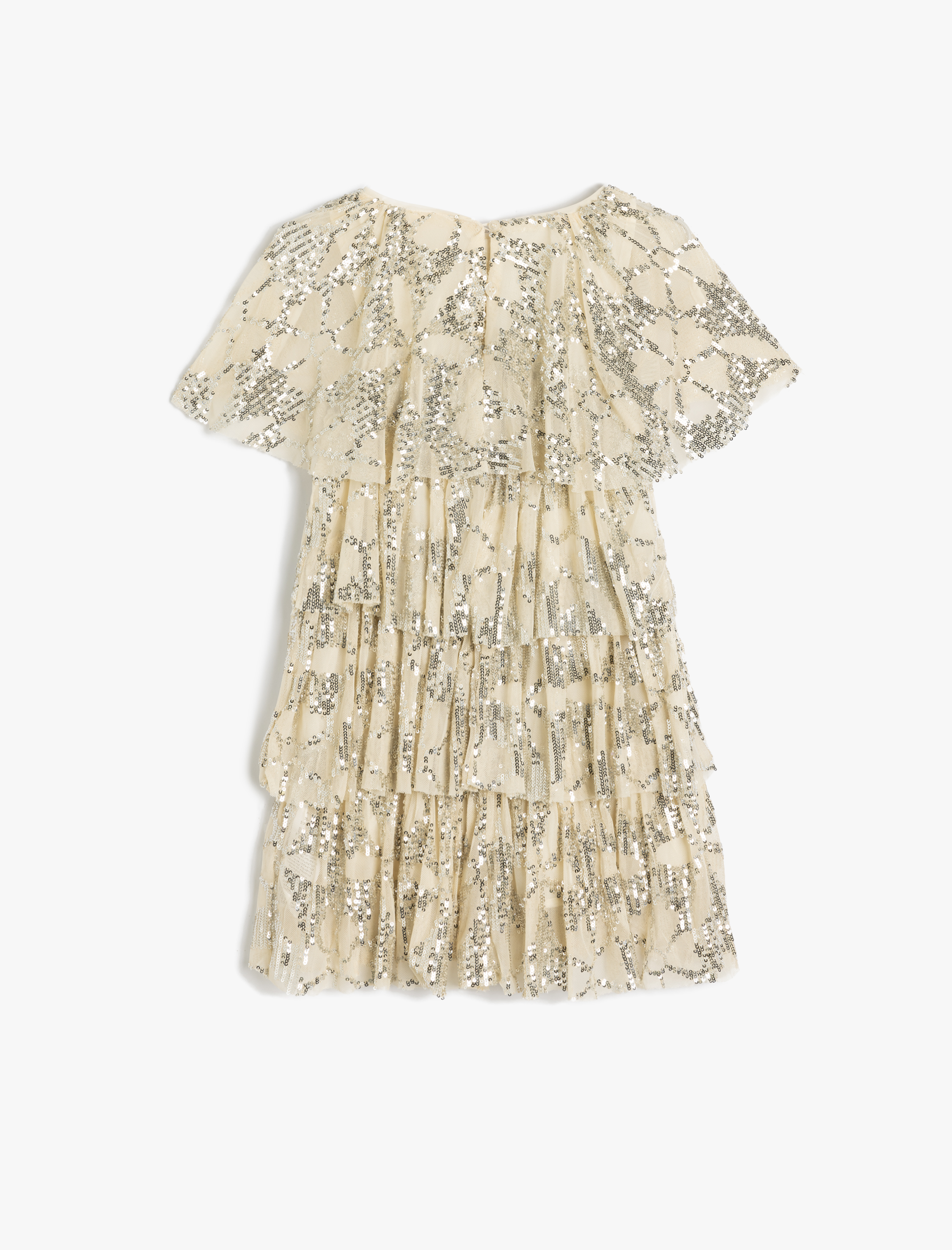  Kız Çocuk Pullu Payetli Kat Detaylı Yuvarlak Yaka Kısa Kollu Elbise