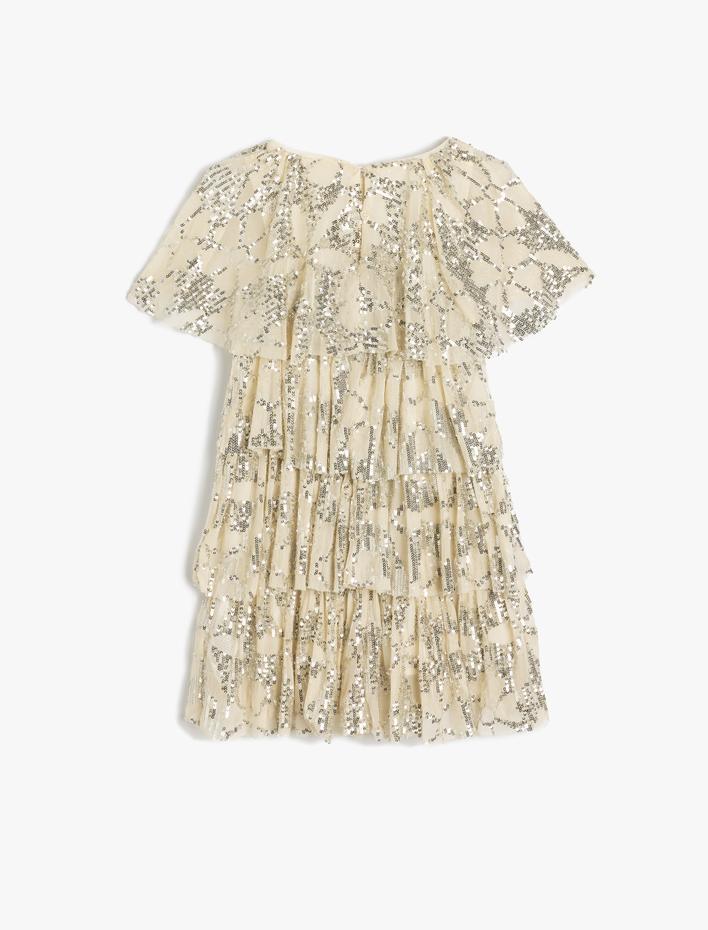 Kız Çocuk Pullu Payetli Kat Detaylı Yuvarlak Yaka Kısa Kollu Elbise