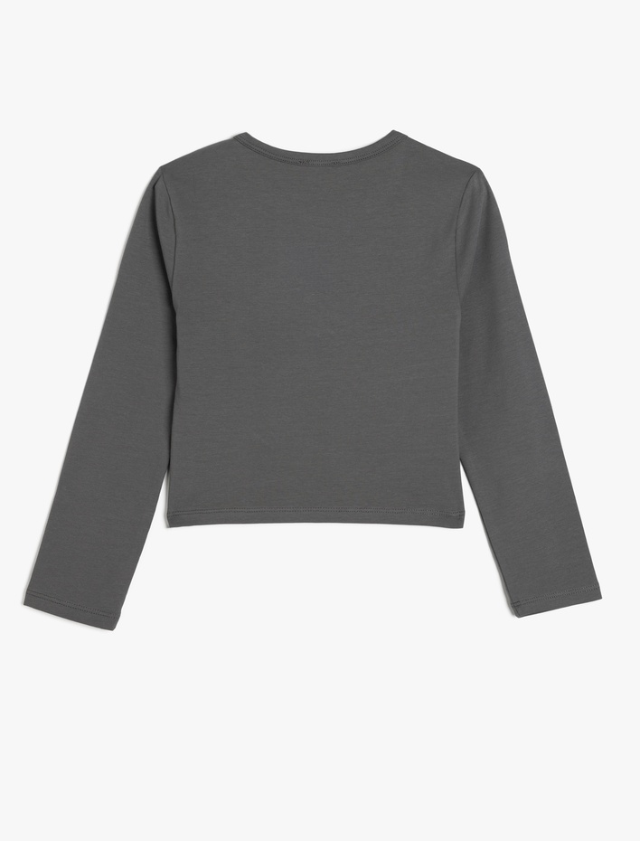 Kız Çocuk Crop Tişört Uzun Kollu Ayıcık Baskılı Bisiklet Yaka Pamuklu