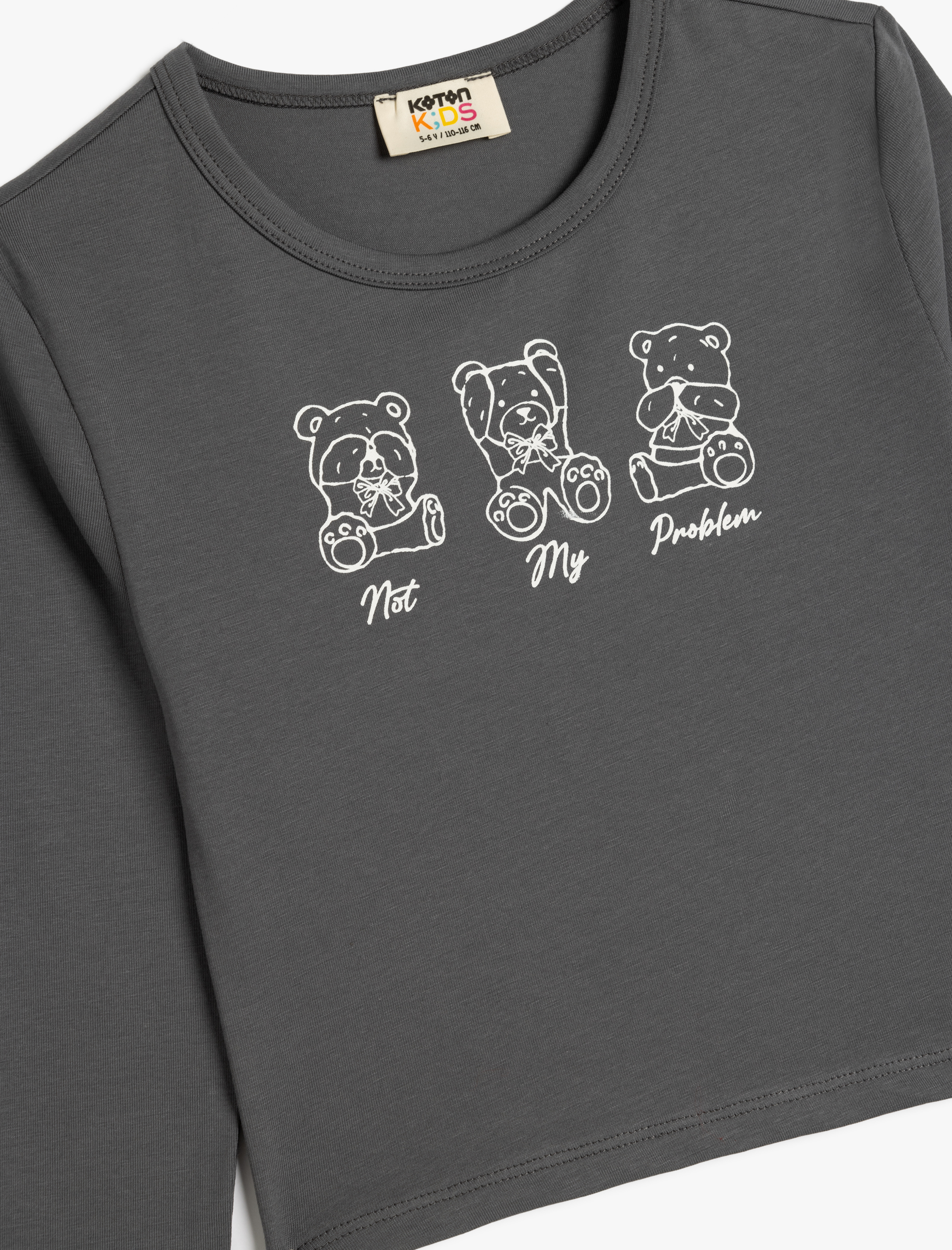  Kız Çocuk Crop Tişört Uzun Kollu Ayıcık Baskılı Bisiklet Yaka Pamuklu