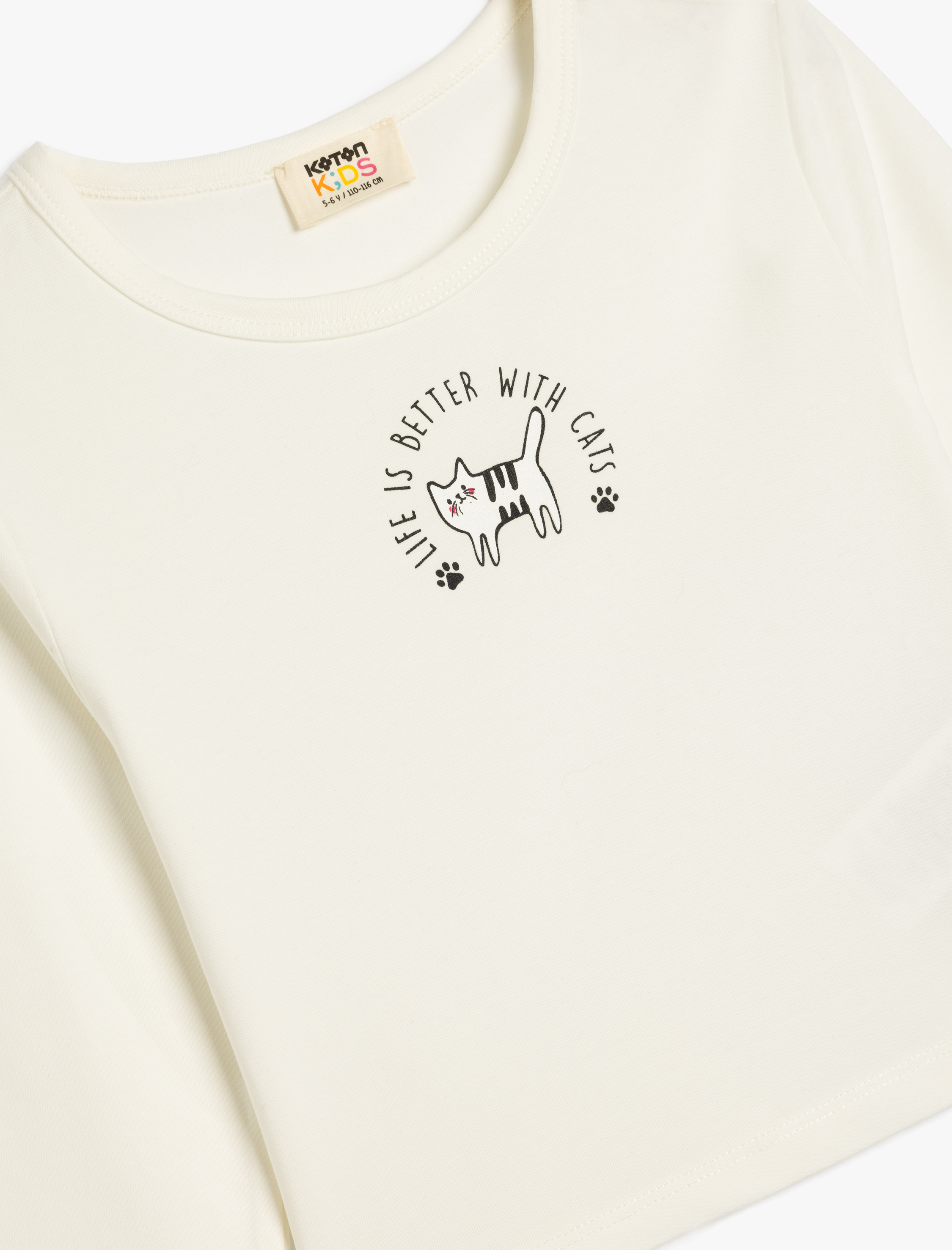  Kız Çocuk Crop Tişört Uzun Kollu Kedi Baskılı Bisiklet Yaka Pamuklu